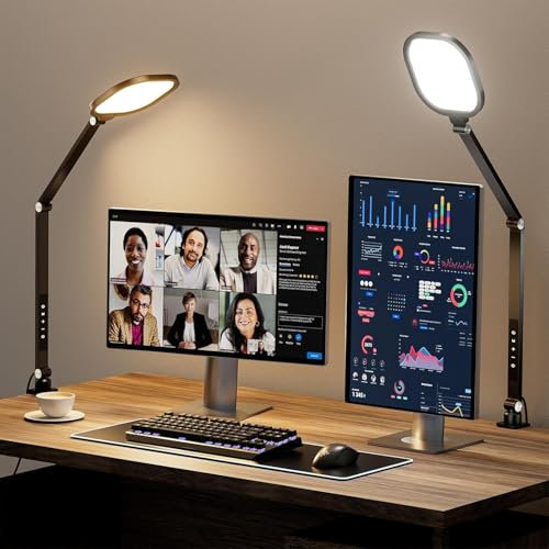 LitONES Schreibtischlampe LED Klemmbar für videokonferenz, 15W Tageslichtlampe Augenschutz, Homeoffice Schwenkarm dimmbar Lampe, Architektenleuchte mit Speicherfunktion, Fernbedienung & Timer CRI >95