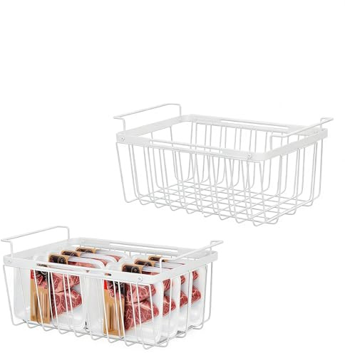 Tefola Upgraded Freezer Storage Boxes, 2 Pack Extendable Drawers, Universal Hanging Baskets with Handles for Chest Freezer, Easier to Take, Add Space, Fridge Organisers Containers for Kitchen (White)