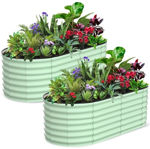 Hochbeet Metall 2er Set 180x90x60 cm, Oval Gartenbeet Aus Verzinktem Stahlblech, Pflanzbeet Mit Offenem Boden, Wetterfest & Rostfrei, Gemüsebeet Für Blumen Kräuter Terrasse Balkon, Grün