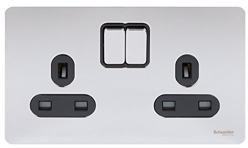 Schneider Electric Ultimate Screwless Flat Plate - Switched Double Power Socket, Double Pole, 13A, GU3420DBPC, Polished Chrome with Black Insert