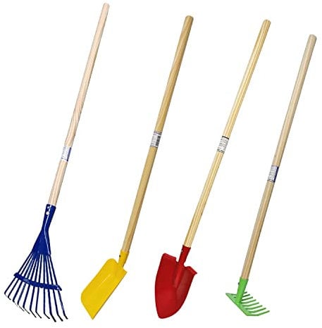Kinder Gartengeräte Kindergartengeräte 1 von 8, Kinder Garten Werkzeuge Geräte Schaufel, Besen, Rechen, Laubbesen, Harke, Grubber, Doppelhacke, Spaten, Metall mit Holzstiel (SET 4 tlg.)