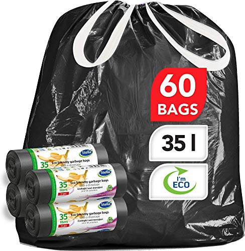 Stella Bio Müllbeutel - 35 L - 60 Stück - Umweltfreundlich und recycelbar - Mülltüten aus Kunststoffabfällen - Ultra-Starke und Flexible Müllsäcke - Farbe Schwarz - mit Zugband - Kordelzug