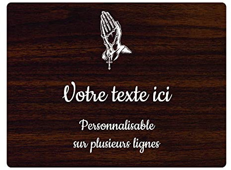 Gedenktafel mit Gravur Hand die betende Hand mit christlichen Rosenkranz, selbstklebend, 20 x 15 cm, personalisierbar mit 1 bis 3 Linien, Holz