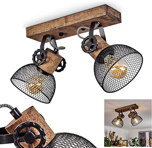 Deckenleuchte Orny, Deckenlampe im Vintage-Design aus Holz/Metall in Braun/Schwarz m. Schirmen in Gitter-Optik, Leuchte m. Holzbalken, Textilkabeln u. verstellbaren Strahlern, E27, ohne Leuchtmittel
