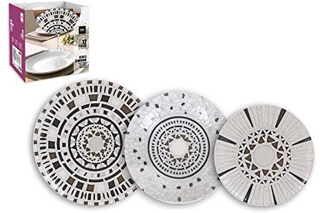 La Mediterránea Vajilla Completa 12 Piezas de Vidrio Templado, Incluye 4 Platos Llanos de 23,5 cm, 4 Platos Hondos de 19,5 cm y 4 Platos de Postre de 19 cm, Colección Barroc