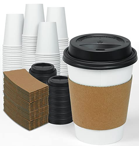Ginkgo 100 Pack 12 oz Thickened Coffee Cups with Lids and Sleeves