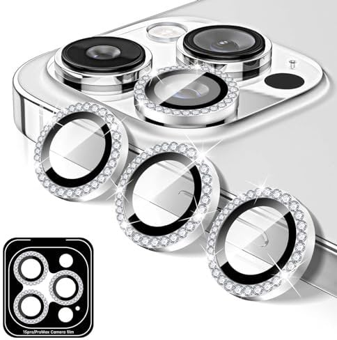 Kucheed Protecteur D'objectif D'appareil Photo Compatible avec iPhone 13 Pro/iPhone 13 Pro Max, Diamond Couvercle D'objectif de Caméra en Verre Trempé à Paillettes, Film D’anneaux en Métal