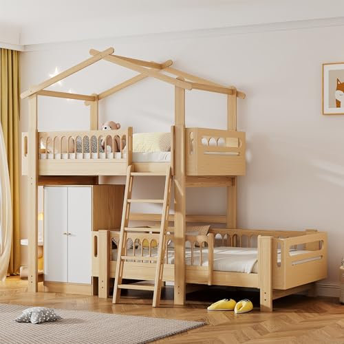 Zravenna Hochbett 90x200, Hausbett, Etagenbett für 2 Kinder, Kinderbett mit Kleiderschrank und Leiter, Fallschutz, Kiefernholzrahmen, Herausnehmbares Unterbett, Natur (Natur, 90x200cm+Kleiderschrank)