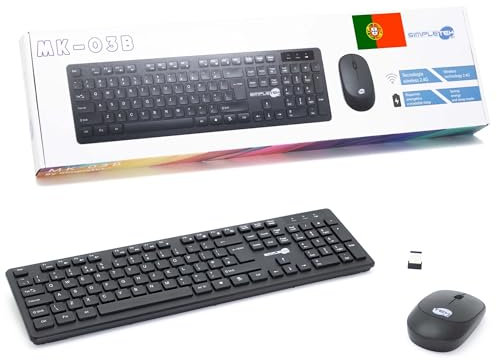SIMPLETEK - Kit ratón y Teclado Negro inalámbrico 2.4G Layout PT portugués | Portuguese Keyboard QWERTY | Teclado numérico ratón ergonómico 3 Teclas Receptor USB