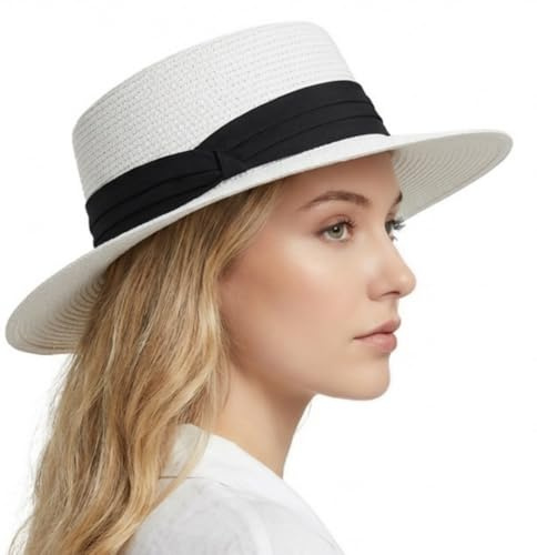 HIQIU Sombrero de verano de paja para mujer con ala ancha, protección UV, sombrero de playa, sombrero de paja, sombrero de panamá para playa y viajes, Sombrero blanco con cinta negra, 56-58