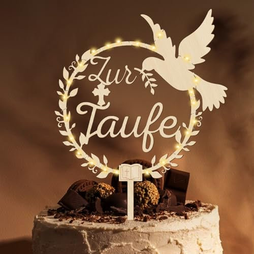 Giftota Cake Topper zur Taufe aus Holz mit LED Lichterkette, Zur Taufe Tortendeko für Mädchen, Junge - Taufe Deko Mädchen, Junge