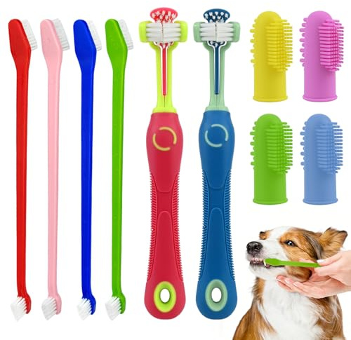 Juego de 10 cepillos de dientes para perros y gatos, 2 cepillos de dientes para perros de 3 cabezales, 4 cabezales dobles, 4 cepillos de dientes de dedo, limpieza de 360°, para perros pequeños y