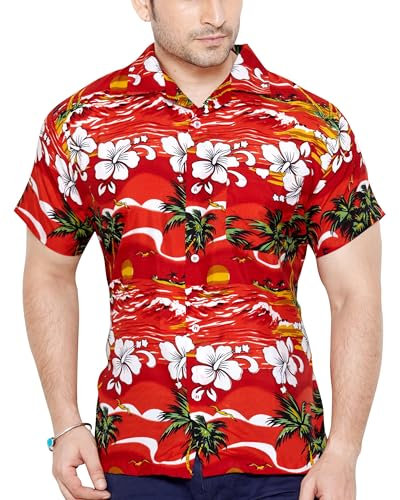 CLUB CUBANA Men's Slim Fit Classic Short Sleeve Casual Floral Hawaiian Shirt M Red
