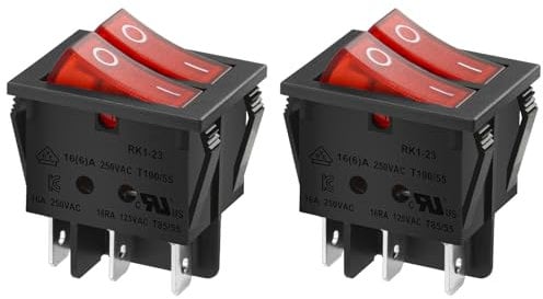 Heschen Double Rocker Switch SPST ON-OFF-6 Terminals Red Light 16 A 250 VAC 2 Pack