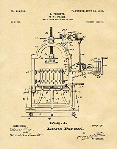 Weinpresse Patentposter WB134 Wein-Wandkunst, Wein-Bar-Deko, Wein-Kunstdruck, Wein-Geschenk, Vintage-Weinposter (WB134) (40,6 x 50,8 cm, Pergament)