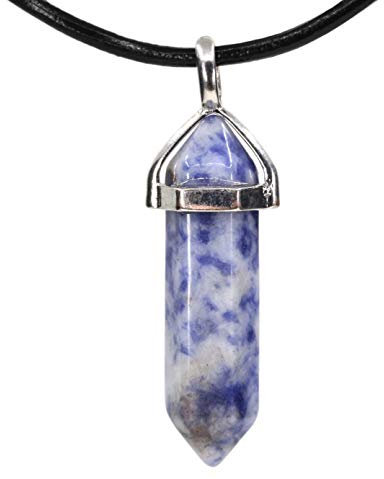 CHENYUE Semi Precious Stones Collection Hexagonal Pointed Beads Pendant Leather Necklace Blue Spot Jasper 18 Inch Cord 1 Grey Pouch