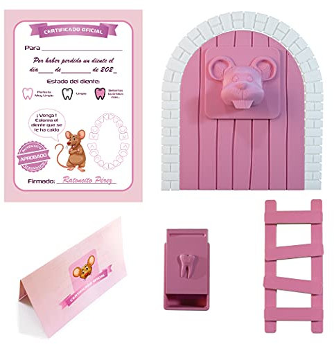 Myfuturshop® Souris Pérez Porte Magique Boîte à Dent Escalier 4 Certificats de Dent Propre Cadeau Original pour Garçon et Fille Rose