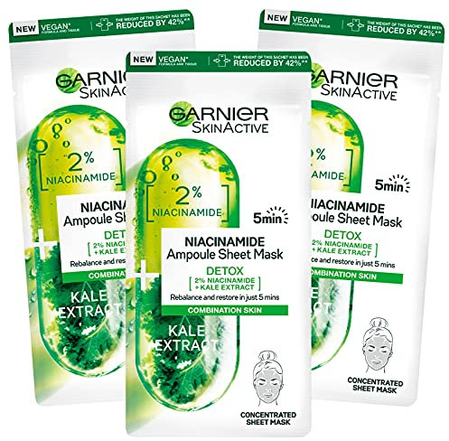 3 x Garnier SkinActive Niacinamid Stoffmaske Ampulle Detox Reinigend für Mischhaut und fettige Haut, antioxidative Wirkung - 3 Einweg-Gesichtsmasken