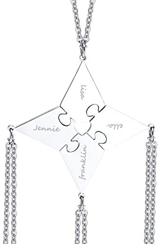 VNOX Personalised Puzzle Necklace for Men Women Custom Friendship Family Silver Hollow Heart 4 Pieces Jigsaw Necklaces for BFF Matching Jewellery Birthday Gifts for Sisters Brothers