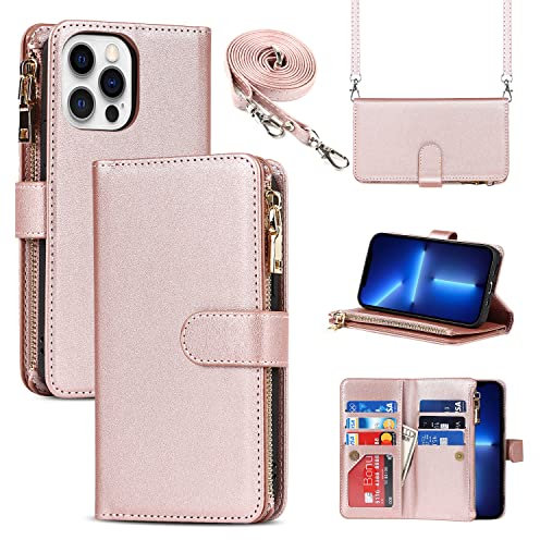 Cavor Crossbody iPhone 13 Pro Max Case With Card Holder With Strap,Flip Leather Wallet Case,[9 Card Holder] Zipper Detachable Lanyard Phone Case Cover for Women for iPhone 13 Pro Max - Rose Gold