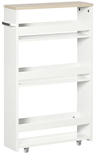 kleankin Estantería de Almacenamiento de Baño de 3 Niveles Estantería Estrecha con Asa Lateral Estante con Ruedas para Cocina Salón Estilo Moderno 48x15x80 cm Blanco