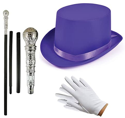 labreeze Kit de déguisement avec chapeau haut-de-forme et canne argentée et gants courts en satin violet Willy Wonka