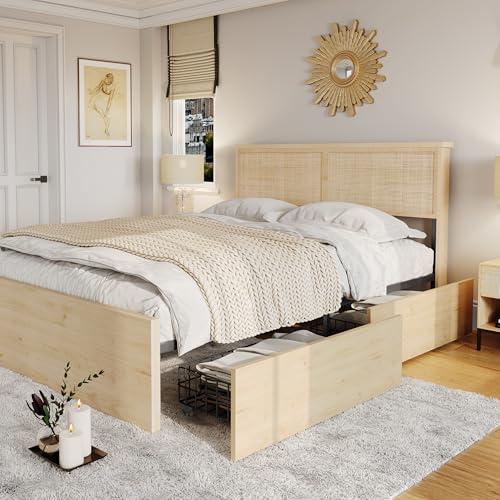 Brafab Natural Rattan Queen Bed Frame with Headboard, 4 Storage Drawers