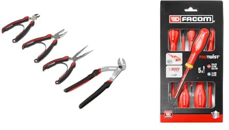 FACOM Jeu de 4 Pinces - Pince Multiprise à Verrouillage, Pince Coupante Diagonale & Jeu de 5 Tournevis Protwist Isolés 1000V - Tournevis - Vissage - AT5VE.PB