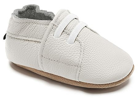 HMIYA Weiche Leder Krabbelschuhe Babyschuhe Lauflernschuhe mit Wildledersohlen für Jungen und Mädchen 0-6 Monate 6-12 Monate 12-18 Monate 18-24 Monate(6-12 Monate,Weiß)