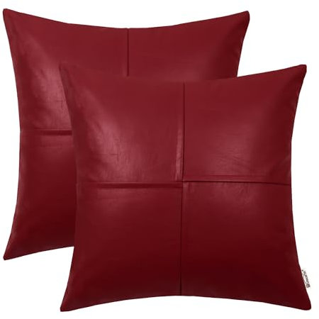 BRAWARM Kunstleder-Kissenbezüge, 40,6 x 40,6 cm, tiefrote Leder-Kissenbezüge, handgenähtes Leder, dekorative Wurfkissen für Couch, Sofa, Bett, Wohnzimmer, Zuhause, Garten, 2 Stück