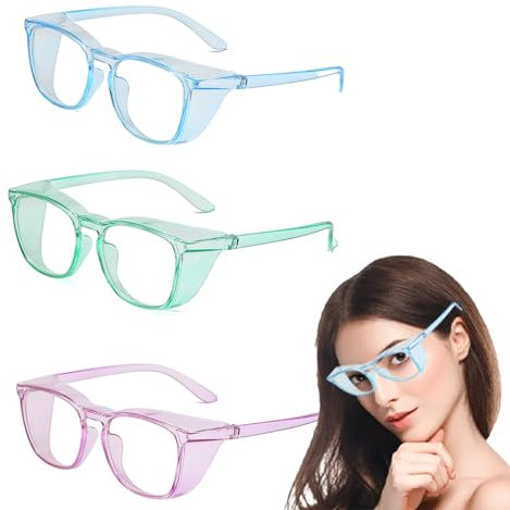 PLATEYTR 3 Pairs Protective Glasses - Transparent Safety Eyewear with Blue Light Blocking, Anti-Fog & Anti-Wind Features for Labs and Ride(Blue, Purple, Green)