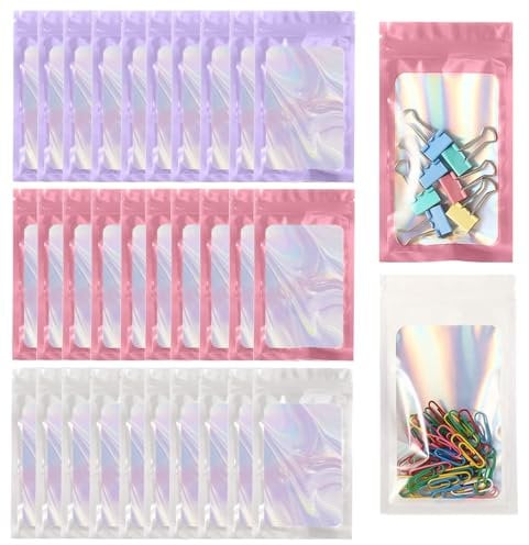 90PCS Colorful Mylar Bags,Cute Small Colorful Foil Laser Food Packaging Bags,Resealable Aluminum Foil Ziplock Bags Perfect for Kitchen Storage,Jewellery and Sweets(Purple/White/Pink)