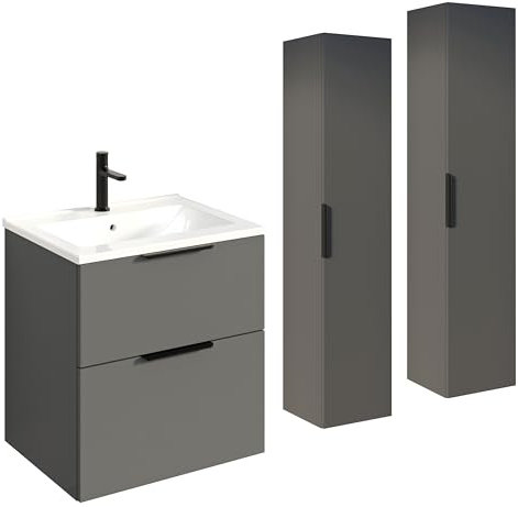 BERNSTEIN Badmöbel-Set TIM 60cm Anthrazit matt mit schwarzen Griff mit Keramik-Waschbecken & zwei Seitenschränken- Badezimmermöbel, feuchtigkeitsresistentes Material, Vormontierter Unterschrank