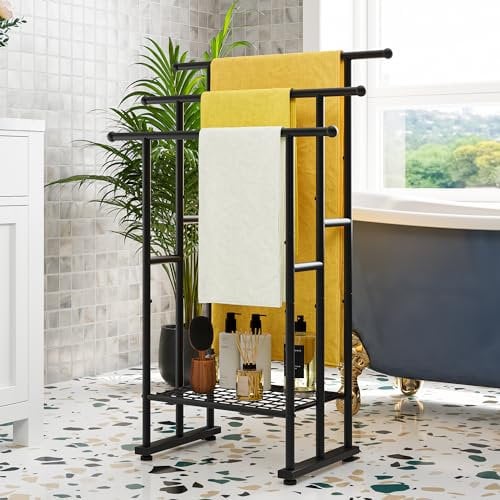 FOUBAM Porte-serviettes, porte-serviettes, échelle debout avec 3 barres pour serviettes de bain, couvertures, peu encombrant, stable, style industriel, en acier, noir