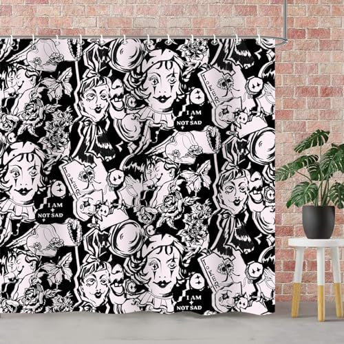 Jzmoli Niedlicher abstrakter Clown-Duschvorhang, lächelndes Joker-Poker-Spiel mit lustigen Zitaten, Blume, Schmetterling, Humor, Graffiti, Duschvorhänge für Badezimmer, Stoff-Badevorhang-Set,
