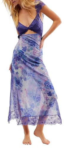 Nicoxijia Damen Ärmelloses Bodycon Maxikleid Y2k Floral Tiefer V-Ausschnitt Spitze Patchwork Kleid Rückenfrei Split Club Party Kleider, Flieder, L