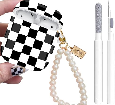 Airpods 2/1 Gen Case with Cleaner Pen, Airpods 2nd/1st Generation Cover Protective Skin Girl Women with Luxury Pearl Keychain for Apple iPod 2nd/1st Gen - Black White Checkered