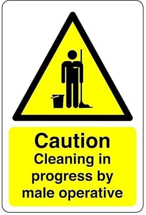 Caution cleaning in progress by male operative sign - 1.2mm Rigid plastic for indoor/outdoor usage (300mm x 200mm) Viewing Distance within 7m.