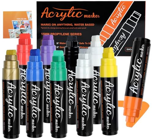 PRZRAO 10 Farben 15 mm Graffiti Stifte Set, Acrylmarker Breit, 3-in-1 Jumbo Kreidestifte Kreidemarker für Tafel Fenster Abwaschbar, Wasserfest Graffiti Stifte Acryl für Steine Holz Window, Glasstift