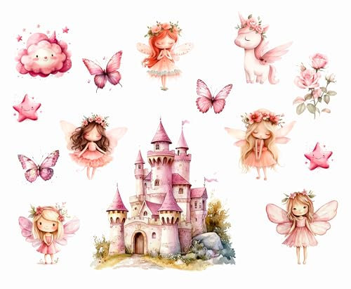 Wandtattoo Wandsticker Blume Fee Feen Blumen Schmetterling Elfen Rosa Prinzessinnenschloss Buntes Pflanze Selbstklebend Wandaufkleber Abnehmbar Wandkunst Aufkleber für Mädchen Kinder Kinderzimmer