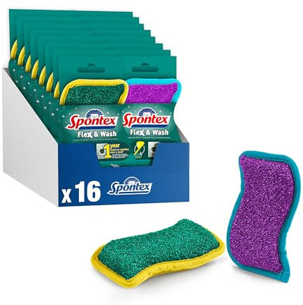 Éponges réutilisables Spontex Flex & Wash | Éponge Microfibre Double Face pour essuyer et frotter | Produits de Nettoyage pour la Cuisine, la Salle de Bain et la Maison | 8 Paquets de 2 (16 au Total)