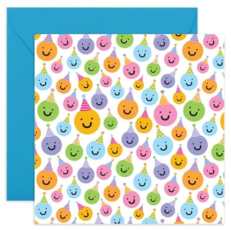 Smiley-Emojis-Geburtstagskarte – fröhliche Feierkarte für Kollegen, Kollegen, Offiemates, Freunde, Besties, Officemates, Teamkollegen – bunte Gesichter in Partyhüten – mit lustigen Aufklebern