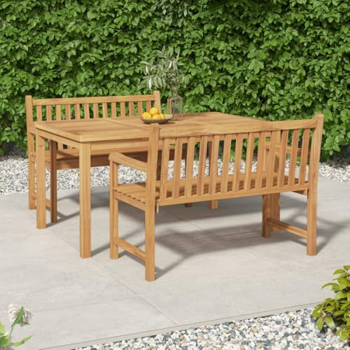 Teenpull 3-TLG. Garten-Essgruppe Massivholz Teak, 150x90cm Esstisch mit 2 Bänken, witterungsbeständig, für Balkon Terrasse und Außenbereich