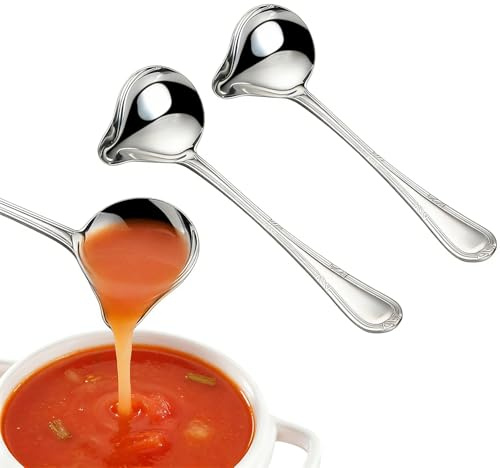 ZIOYANE Juego de 2 cucharones de acero inoxidable de 20 cm, cucharas de salsa pulidas con espejo con asas estampadas, apto para lavavajillas, ideal para servir salsas, salsas y aderezos en cocina y