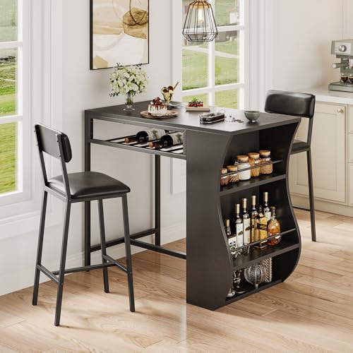 Feonase 3-Piece Bar Table Set, Bar Table with Bar Stools, 2-Tier Storage Shelves & Wine Rack, Bistro Table with 2 Chairs for Dining Room, Black