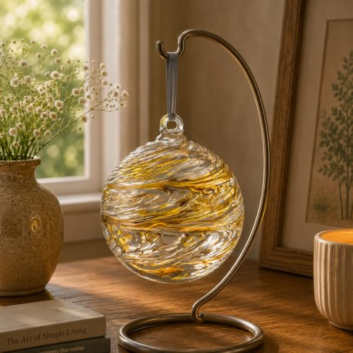 Sienna Glass Friendship Ball – 15cm Large Handcrafted Mouth-Blown Glass Ornament in Pastel Gold – Hanging Window Decoration – Luxurious Keepsake Gift for Her – Gift Boxed with Ribbon