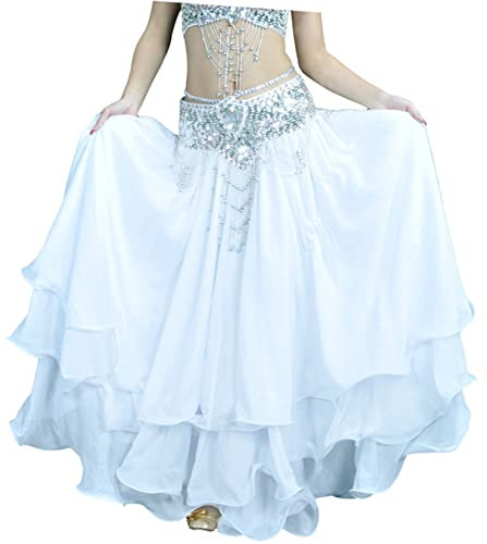 Hoerev Bauchtanz Drei-Schicht- Chiffon- Rock Säumen, abgestufte Maxi-Rock Ohne Gürtel,Weiß,M