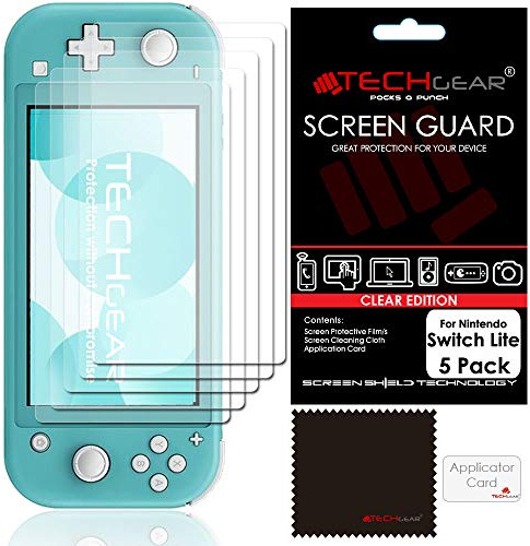TECHGEAR Switch Lite Screen Protectors [Pack of 5] CLEAR LCD Screen Protector Guard Covers with Cleaning Cloth & Applicator Card Compatible for Nintendo Switch Lite