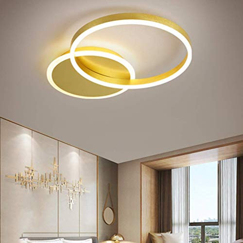 HYKISS LED-Deckenleuchte 48W Modern Dimmbar 2 Ringe Deckenlampe Metall-Acryl Runde Kronleuchter Wohnzimmer Küche Schlafzimmer Büro Kinderzimmer Lampe Beleuchtung,Mit Fernbedienung,55 * 40 * 6CM,Gold