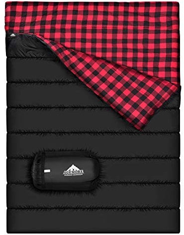 Baumwollflanell-Doppelschlafsack für Camping, Wandern oder Wandern. Queen Size 2 Person wasserdichte Schlafsack für Erwachsene oder Jugendliche. LKW, Zelt oder Schlafsack, Leichtgewicht (Schwarz/Rot)